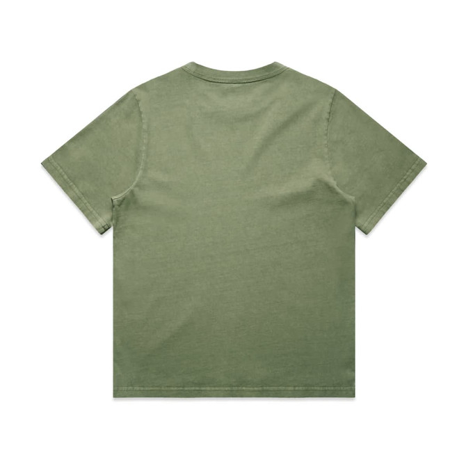 A green heavy faded T-shirt with a simple short-sleeve design and no visible branding.