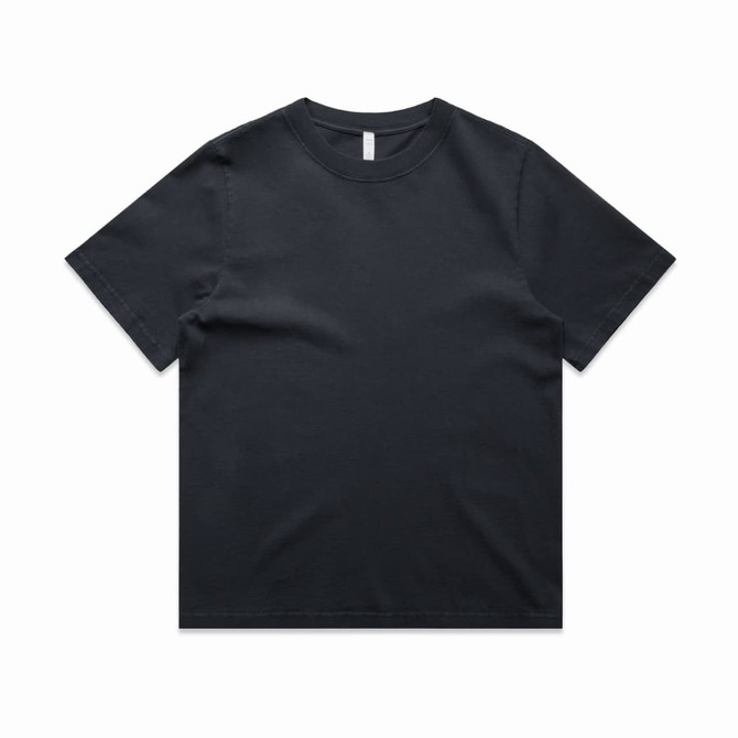 A dark grey, heavy faded t-shirt with a classic crew neck and short sleeves. It features a logo on the label.