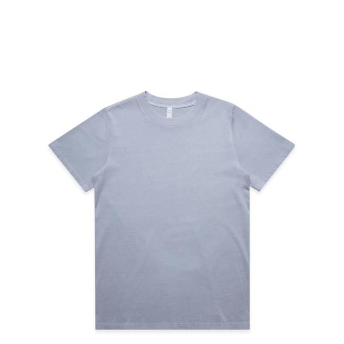 A light blue t-shirt with a classic fit and a tagless label, featuring a logo on the neckline.