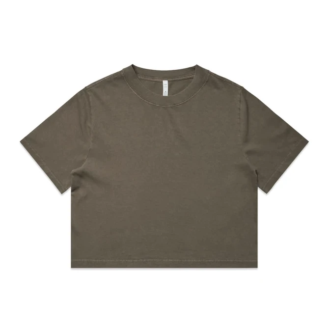 A heavy faded crop tee in olive green with short sleeves and a minimal design. Contains a logo.