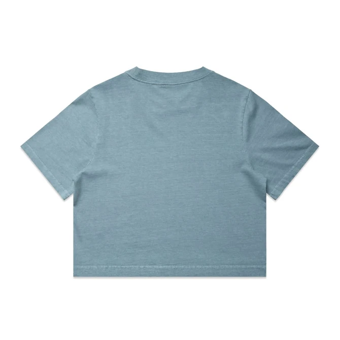 A cropped tee in a faded blue colour with short sleeves and a simple design. It has a logo on the back.
