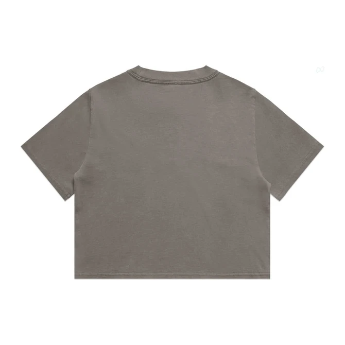 A heavy faded crop tee in a warm grey colour with a simple design and short sleeves. The shirt features a logo.
