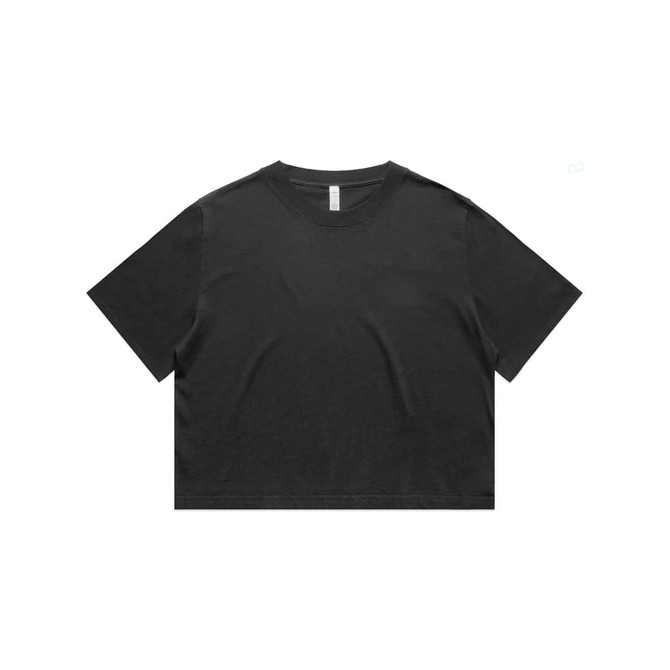 A black heavy faded crop tee with short sleeves and a rounded neckline. The tee features a logo on the label.