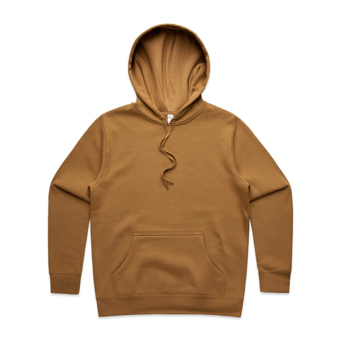 A brown hoodie with a front pocket and a drawstring hood. It features a logo on the chest.