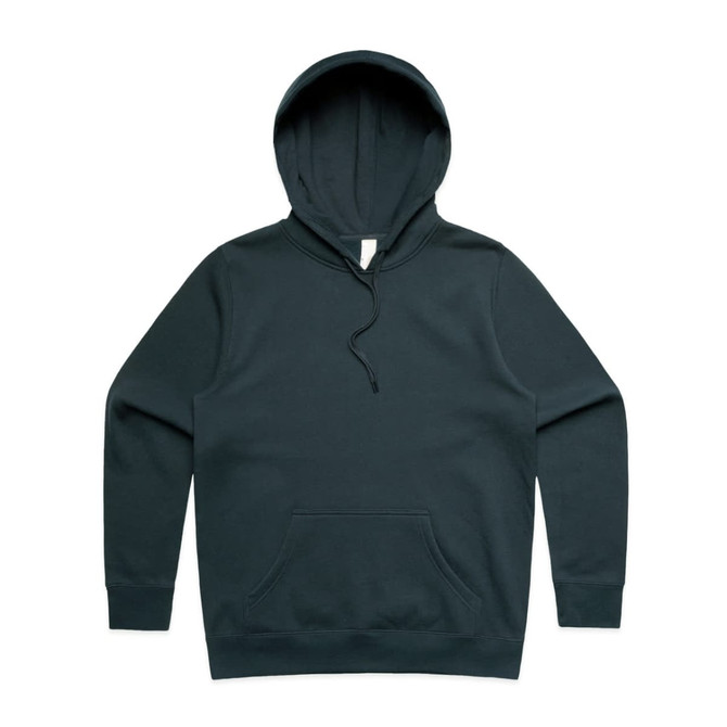 A dark hoodie featuring a front pocket and a drawstring hood, with a brand logo present.