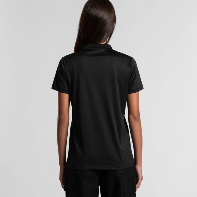 A black polo shirt viewed from the back, showcasing a clean and simple design. It features a collar and has a logo.