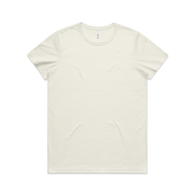 A light cream-coloured t-shirt with a round neckline, featuring a logo on the label.