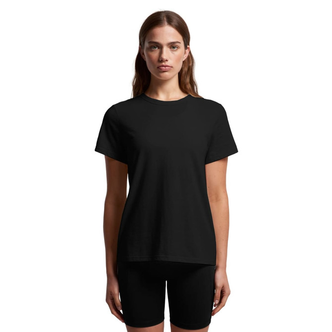 A plain black T-shirt featuring a standard crew neck, short sleeves, and a relaxed fit, with a logo present.