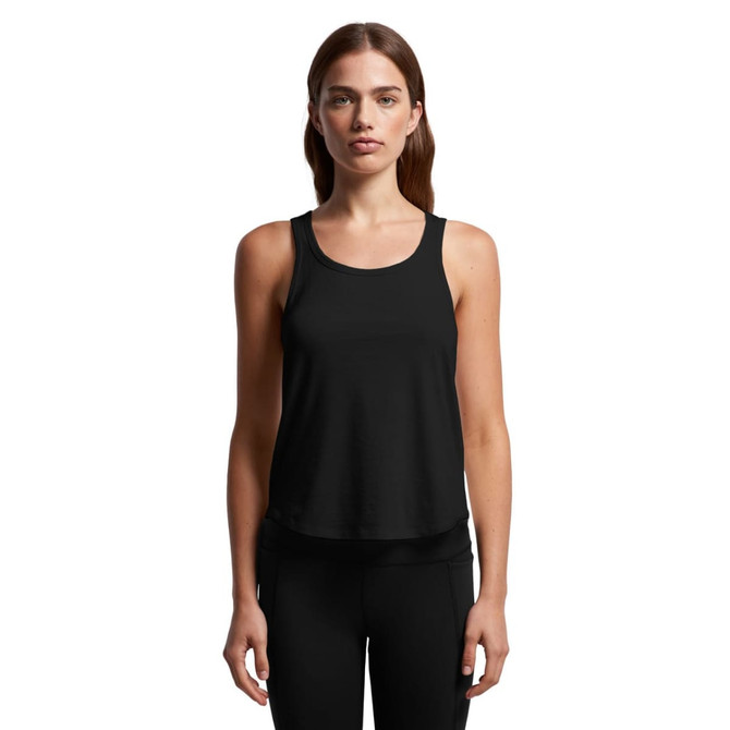 A black racerback tank top with a loose fit, featuring a logo on the chest area.