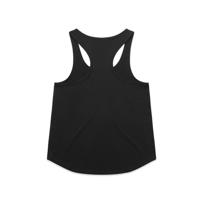 A black racerback tank top with a rounded hemline and a branding logo on the back.