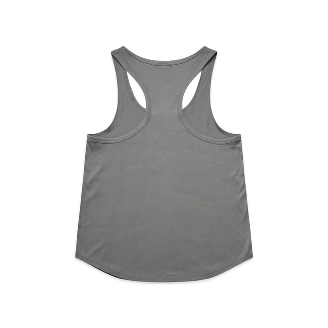 A grey active blend racerback tank top with a curved hem and a logo on the back.