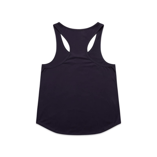 A black racerback tank top with a rounded hem and a logo. The back features a unique cut design.