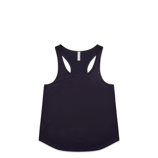 A black racerback singlet with a rounded hem and a minimal design, featuring a logo.