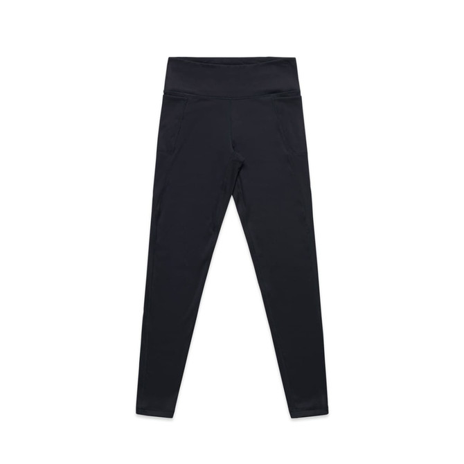 Black active leggings with a high waistband, featuring pockets on the front and a logo at the waistband.