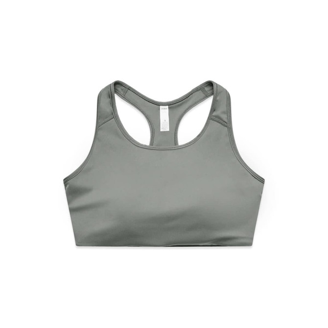 A sports crop top in a muted green colour, featuring a racerback design and a logo.