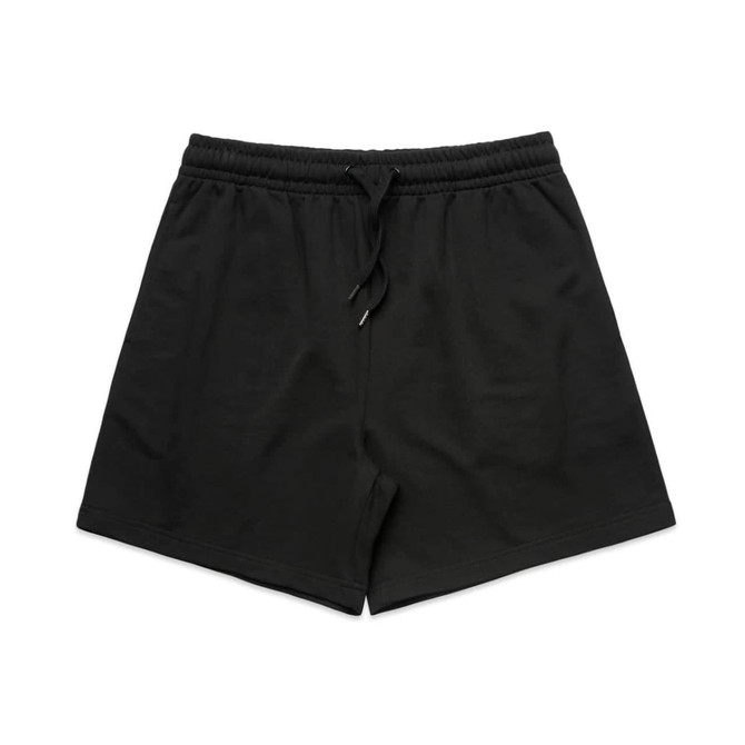 Black sports shorts with an elastic waistband and drawstring, featuring a minimalist design and a logo.