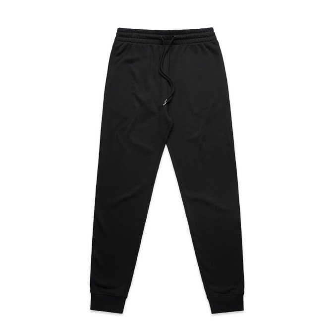 Black track pants with an elastic waistband and drawstring, featuring ribbed cuffs and a logo.