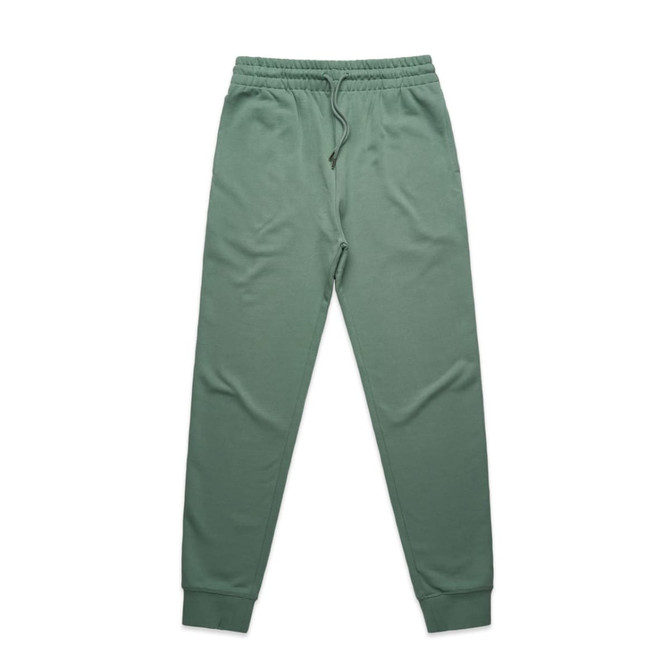 A pair of premium track pants in a muted green colour, featuring an elastic waistband and cuffs. A pair of premium track pants in a muted green colour, featuring an elastic waistband and cuffs.