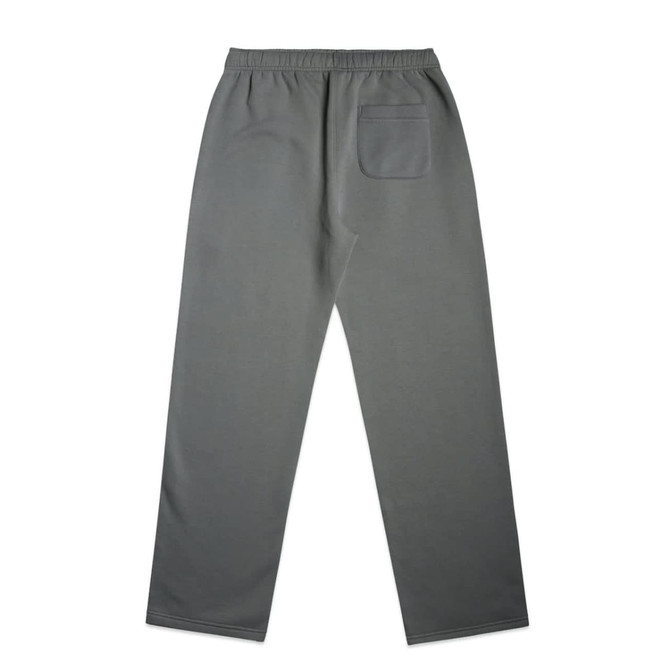 Cuffless track pants in grey, featuring a back pocket and an elastic waistband. Includes a logo.