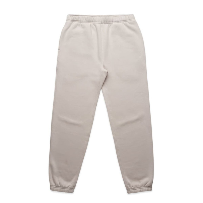 Light beige track pants with an elastic waistband and cuffed ankles, featuring a logo.