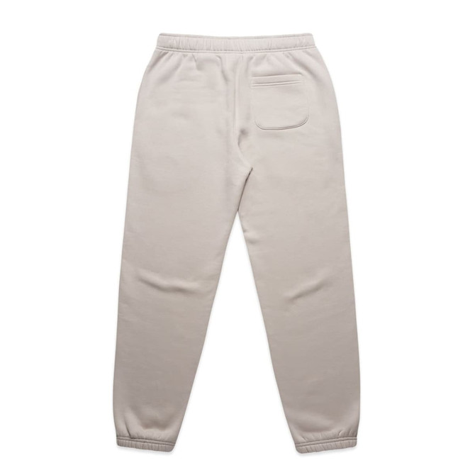 Light beige track pants with an elastic waistband and a single back pocket, featuring a logo.