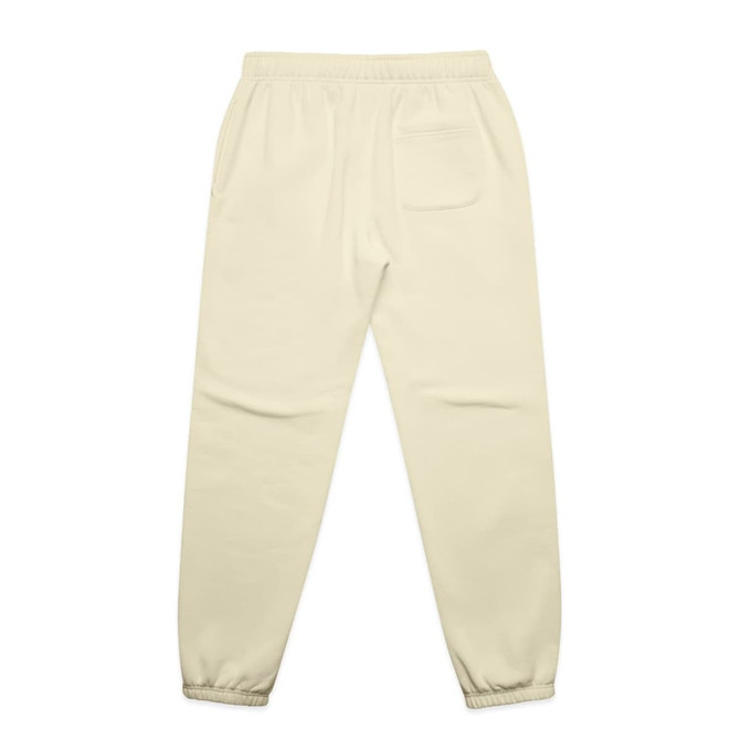Cream-coloured track pants with an elastic waistband and ankle cuffs, featuring a single back pocket.