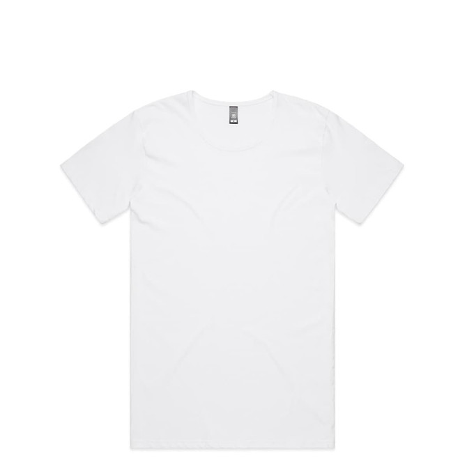 A white t-shirt featuring a simple design and a logo at the neckline.