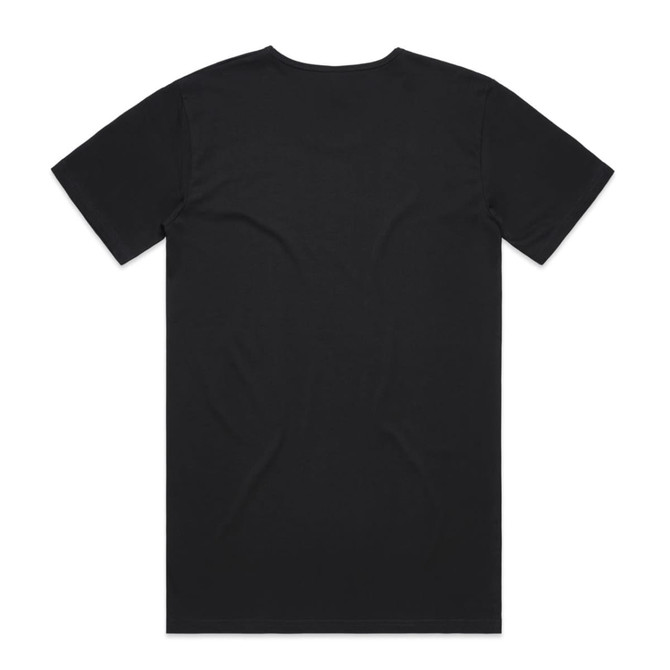 A black t-shirt with a plain back and short sleeves, featuring a logo at the neck area.