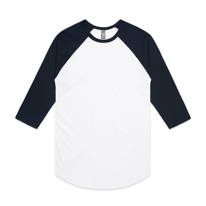 A Raglan Tee featuring a white body and navy sleeves, with a logo on the label.