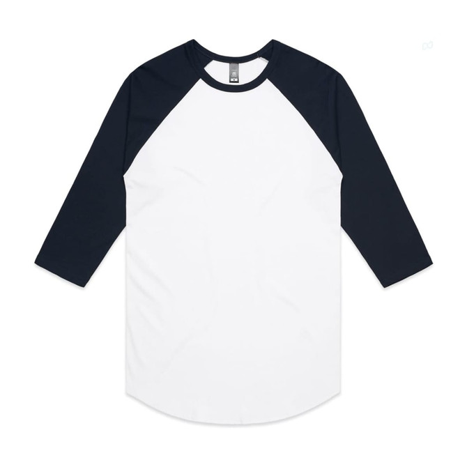 A raglan tee featuring a white body and navy blue sleeves, with a logo on the neckline.