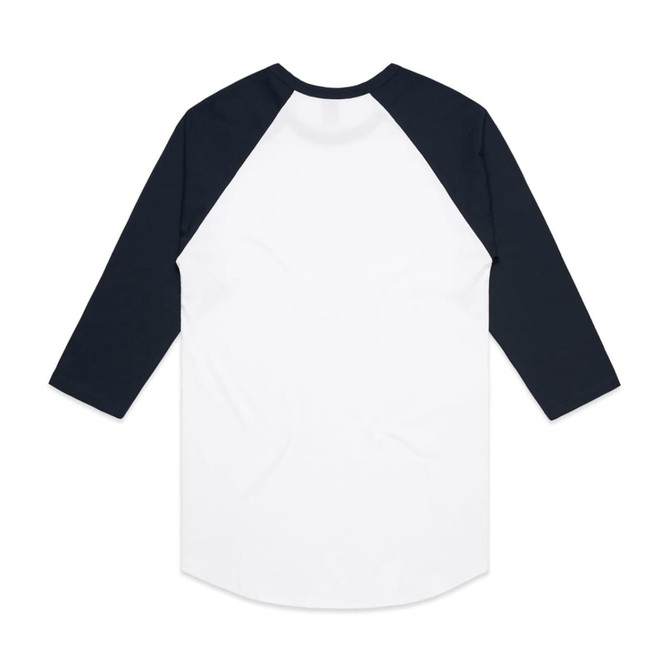A Raglan Tee with a white body and navy blue three-quarter sleeves, featuring a branding logo.