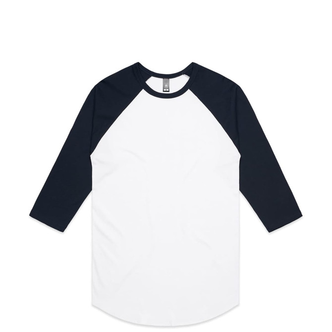 A Raglan Tee featuring a white body with navy blue sleeves. The shirt has a logo on it.