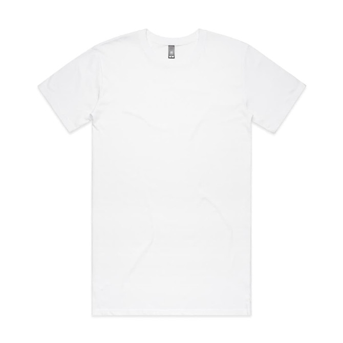 A plain white T-shirt with a crew neck and short sleeves, featuring a branding logo.