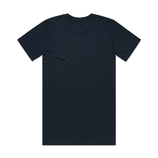 A black T-shirt featuring short sleeves and a round neckline, with a branding logo on the back.