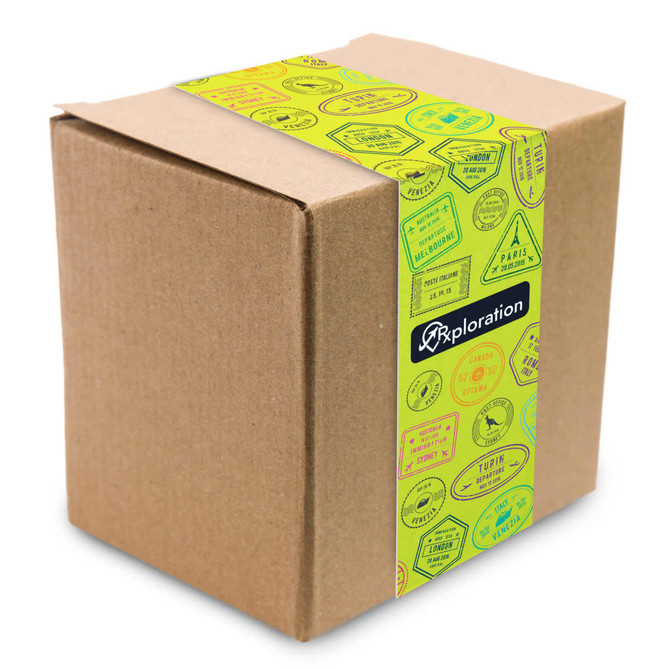 A brown cardboard box wrapped with a vibrant, patterned band featuring various playful designs and a logo.
