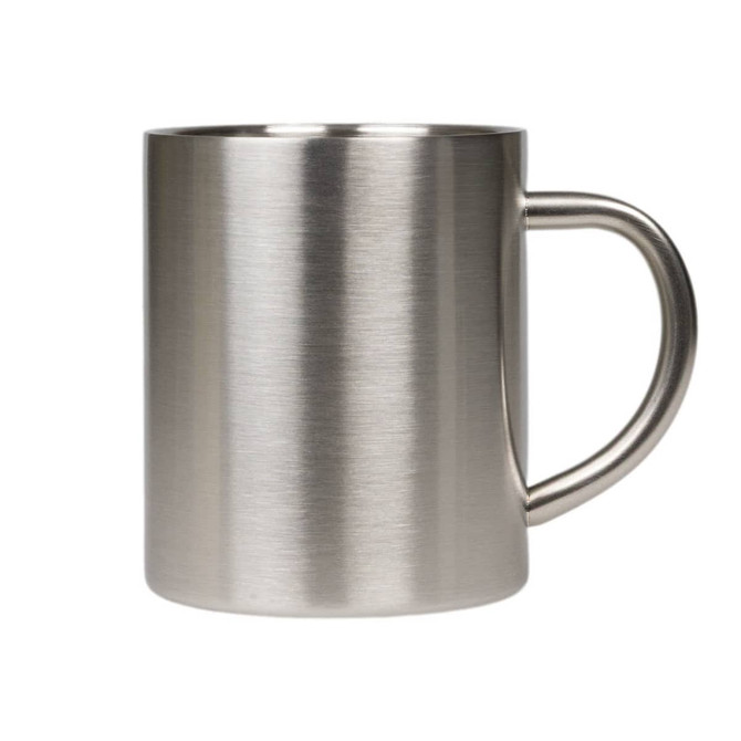 A stainless steel coffee mug with a brushed finish and a sturdy handle. Includes a logo on the surface.