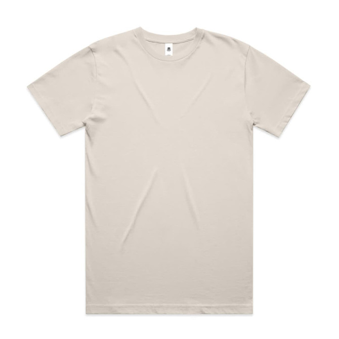 A light beige T-shirt with short sleeves and a crew neckline, featuring a branding label.