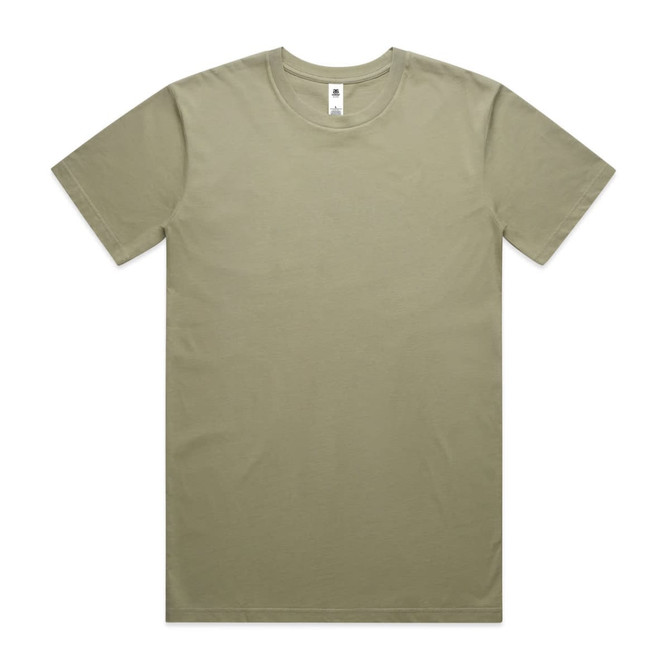 A khaki green t-shirt with short sleeves and a crew neck, featuring a tag and a logo.