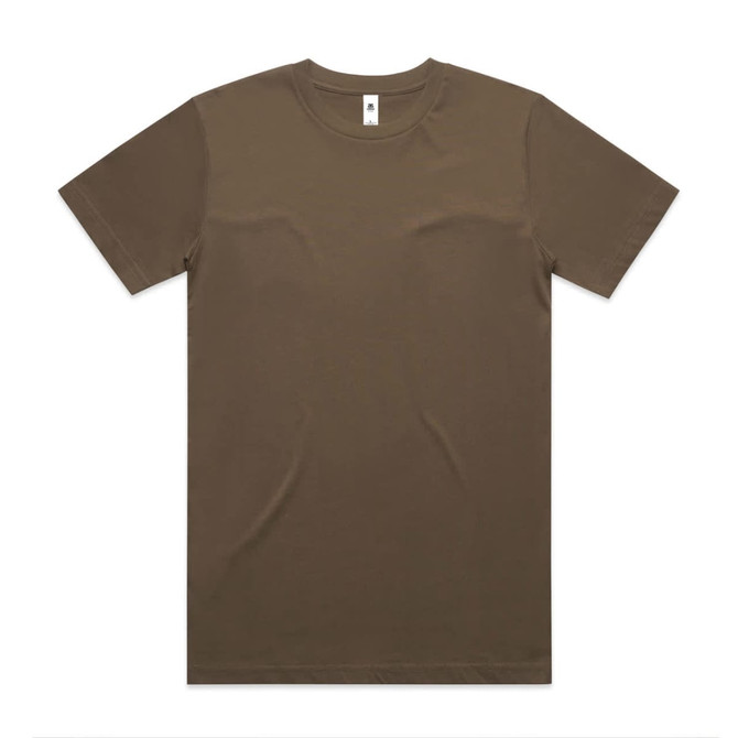 A khaki T-shirt with a round neckline and short sleeves, featuring a logo on the label.