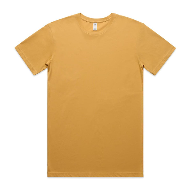 A plain mustard yellow T-shirt with a crew neckline and short sleeves, featuring a branding label inside.