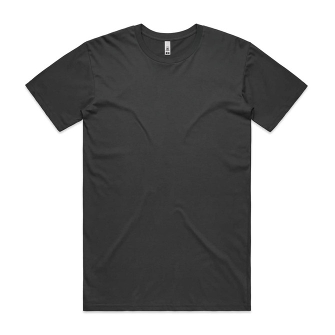 A plain dark grey T-shirt with a round neck and short sleeves. It features a logo at the neck area.