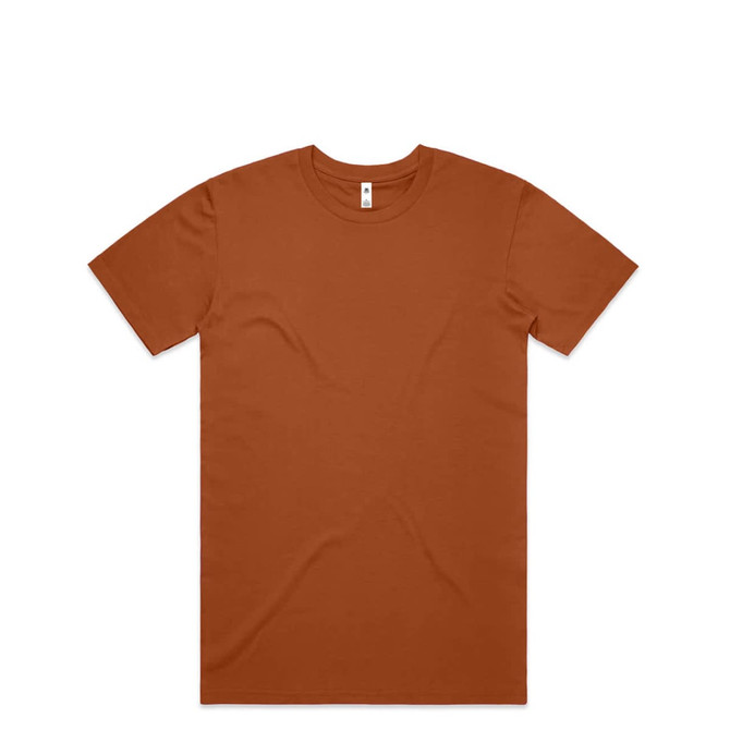 A plain brown T-shirt with a crew neckline and short sleeves, featuring a small branding logo.