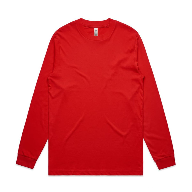 A red long-sleeve T-shirt with a round neck and fitted cuffs. It features a logo on the label.
