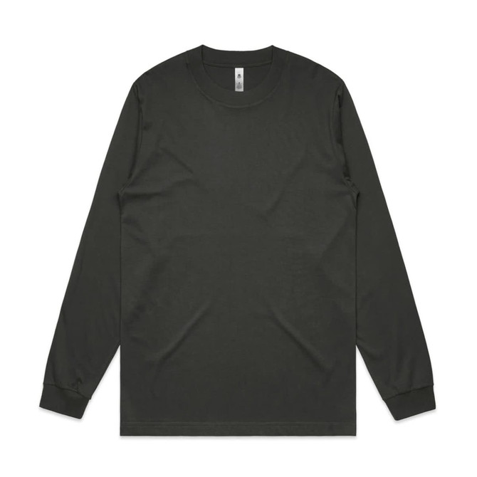 A long-sleeve tee in dark green, featuring a simple design and a logo on the tag.