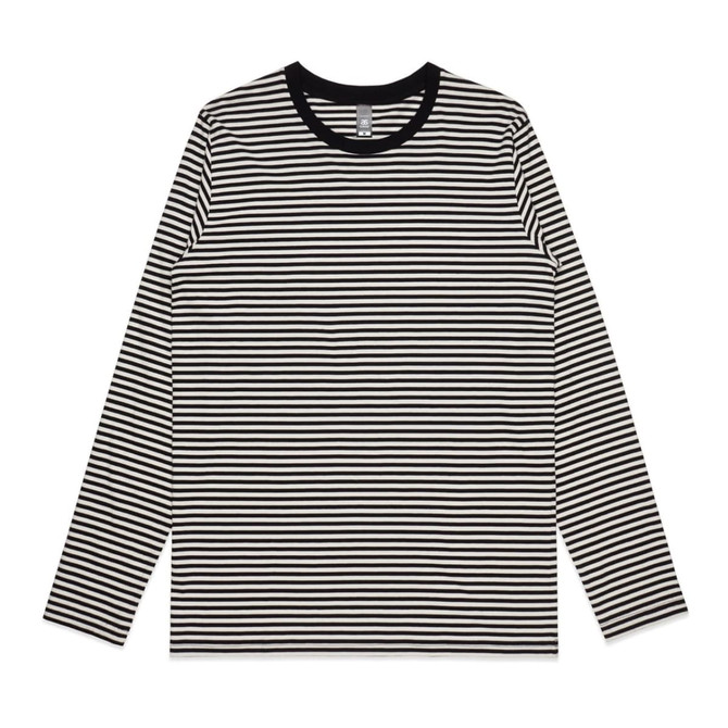 A long-sleeve T-shirt featuring black and white horizontal stripes with a black neckline and a logo.