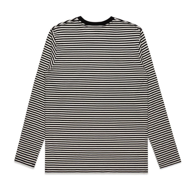 A long-sleeve black and white striped T-shirt featuring a crew neck and a logo.