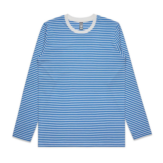 A long-sleeve t-shirt featuring alternating blue and white stripes, with a contrasting white neckline.