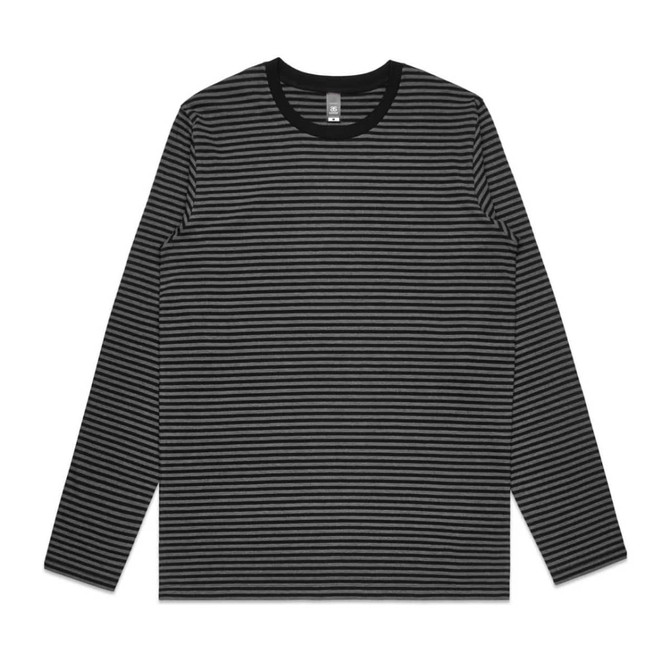 A long-sleeved striped T-shirt in black and grey with a round neckline and a logo.