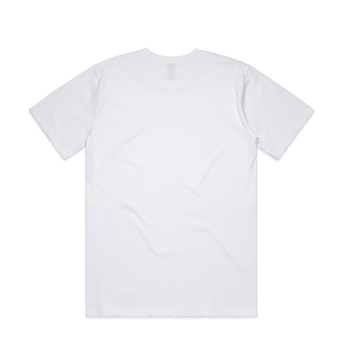 A plain white t-shirt featuring a round neckline and short sleeves, with a logo on the back.