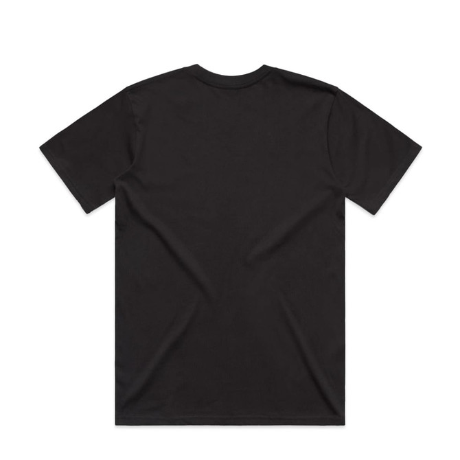 A black t-shirt featuring a simple design and a branding logo on the back.